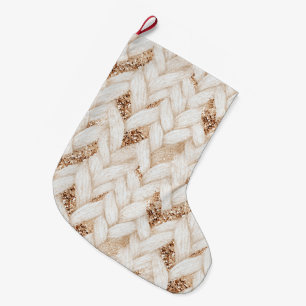 Grande Chaussette De Noël Tissu Faux Crème Tissé Paillettes Or
