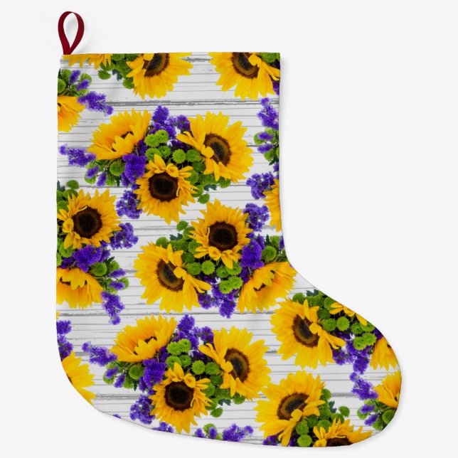 Grande Chaussette De Noël Tournesol jaune pourpre en bois blanc rustique de (Devant)