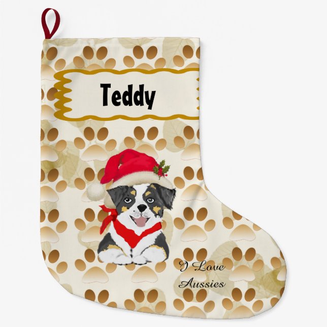 Grande Chaussette De Noël Tri chiot australien noir de Noël (Devant)