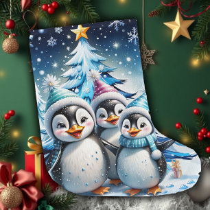 Grande Chaussette De Noël Trois adorables pingouins