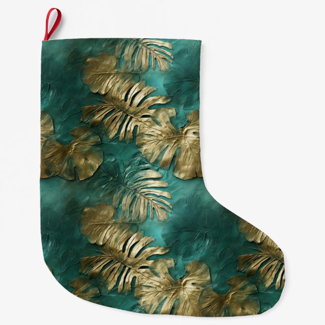 Grande Chaussette De Noël Tropical Gold Emerald Feuilles verts (Devant)