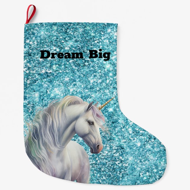 Grande Chaussette De Noël Turquoise Aqua Glitz Parties scintillant Unicorn (Devant)