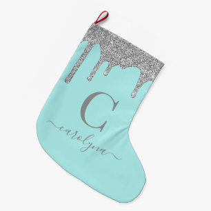 Grande Chaussette De Noël Turquoise Aqua Silver Éperche Parties scintillant 