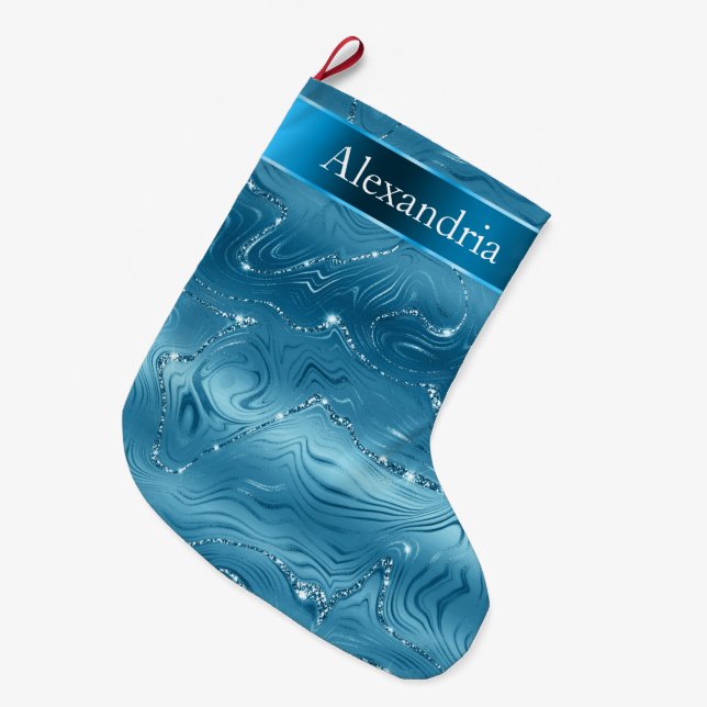 Grande Chaussette De Noël Turquoise Blue Aqua Glam Glitz Nom de Noël (Devant (Accrochage))