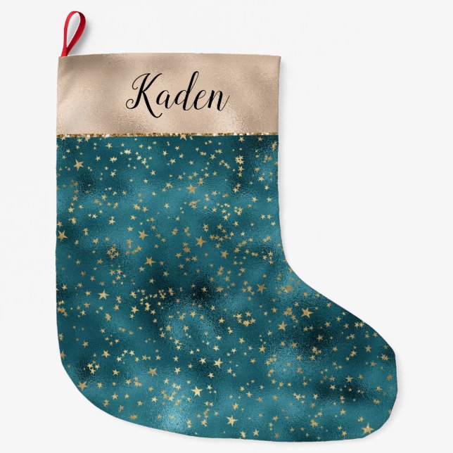 Grande Chaussette De Noël Turquoise Green Gold Stars (Devant)