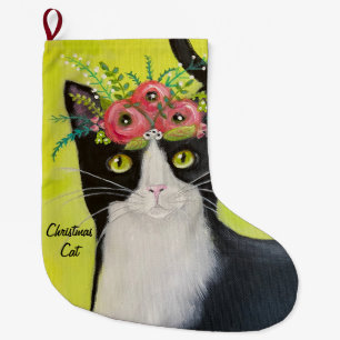 Grande Chaussette De Noël Tuxedo Chat Whimsical Art