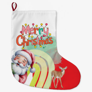 Grande Chaussette De Noël Typographie Joyeux Noël et lumières & cerf