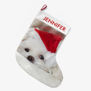 Grande Chaussette De Noël Un mignon chien blanc dans un Casquette de Noël ro