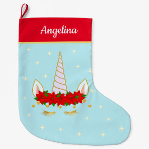 Grande Chaussette De Noël Unicorne, Poinsettia Fleurs & Étoiles sur Bleu cla