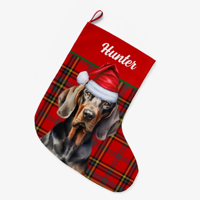 Grande Chaussette De Noël Vacances BT Coonhound Red Green Plaid Dog's Name (Devant (Accrochage))
