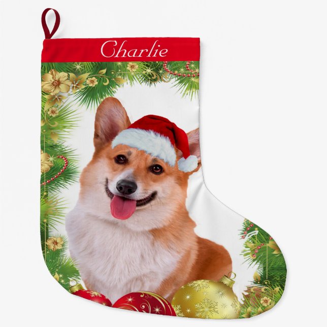 Grande Chaussette De Noël Vacances de corgi (Devant)