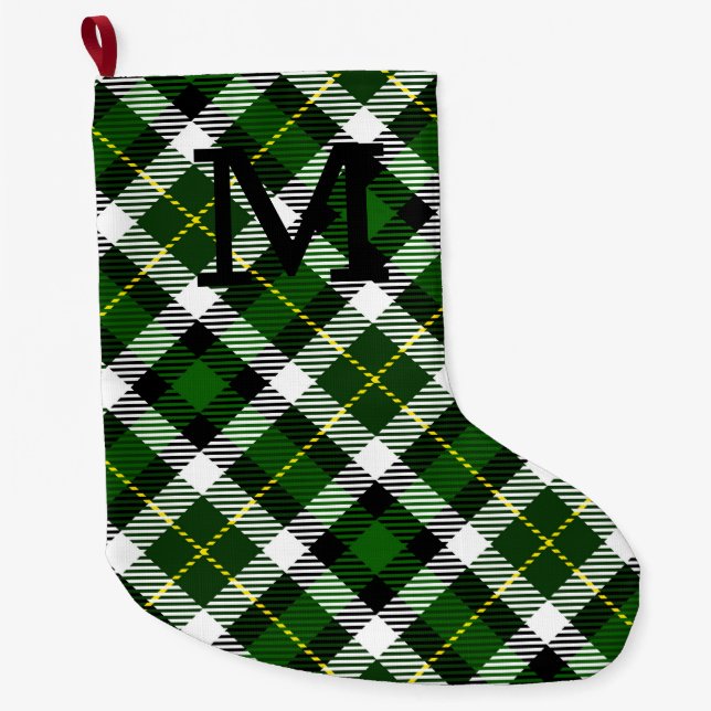 Grande Chaussette De Noël Vacances Green Plaid Monogramme initial Festin Amu (Devant)
