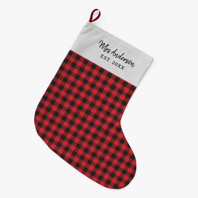 Grande Chaussette De Noël Vacances personnalisées En vichy Noir Rouge Rustiq (Devant (Accrochage))