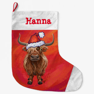 Grande Chaussette De Noël Vache belle Highland à Santa Hat en rouge