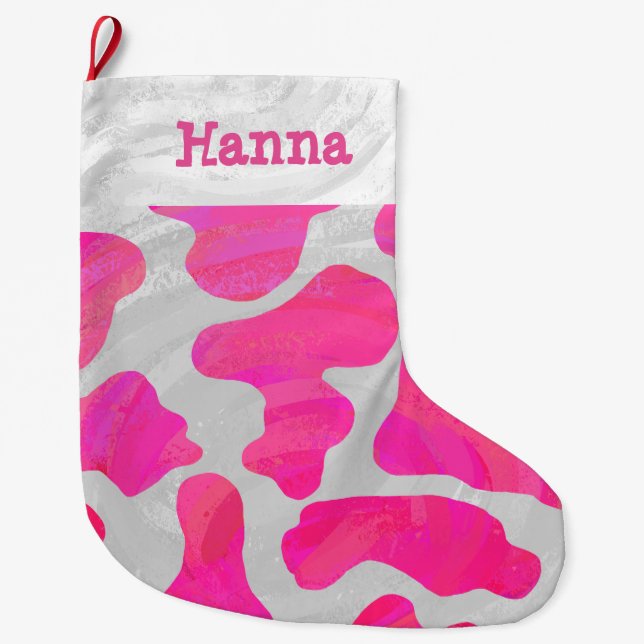 Grande Chaussette De Noël Vache rose et blanc chaud (Devant)