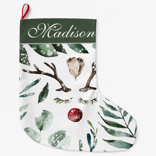 Grande Chaussette De Noël Végétation hivernale Rennes de Noël | Monogramme (Devant)