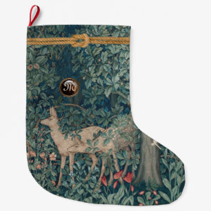 Grande Chaussette De Noël VERDURE, ANIMAUX FORESTIERS et Monogramme
