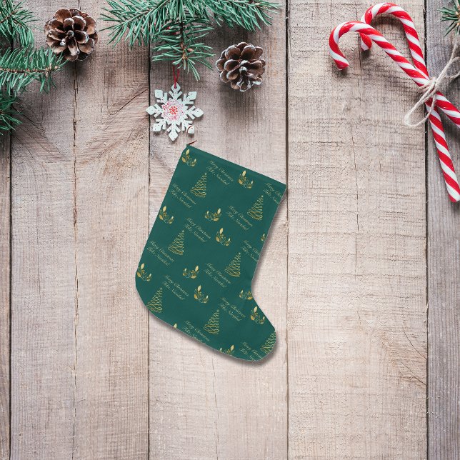 Grande Chaussette De Noël Vert et arbre d'or bilingues (Bilingual Green and Golden Tree Large Christmas Stocking. Spanish text. Multilingual Project)