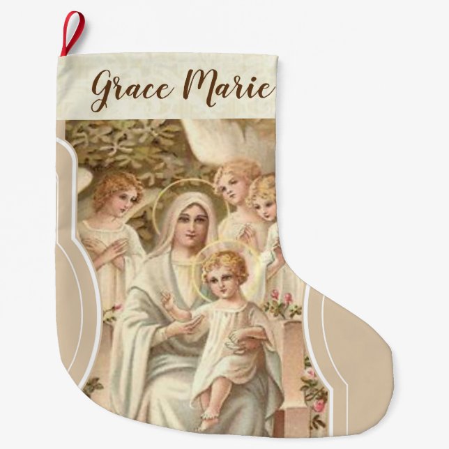 Grande Chaussette De Noël Vierge Marie personnalisé avec Jésus et des anges (Devant)