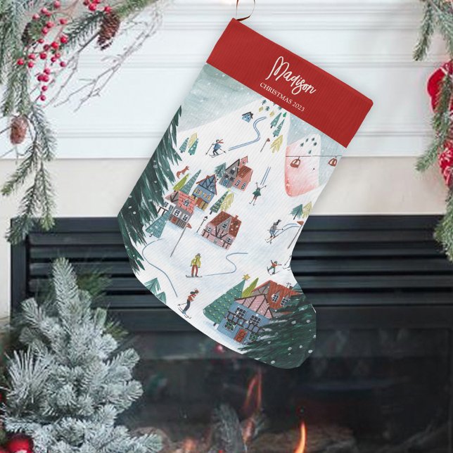Grande Chaussette De Noël Village de patinage nordique (Cute Nordic skating Village Large Christmas Stocking)