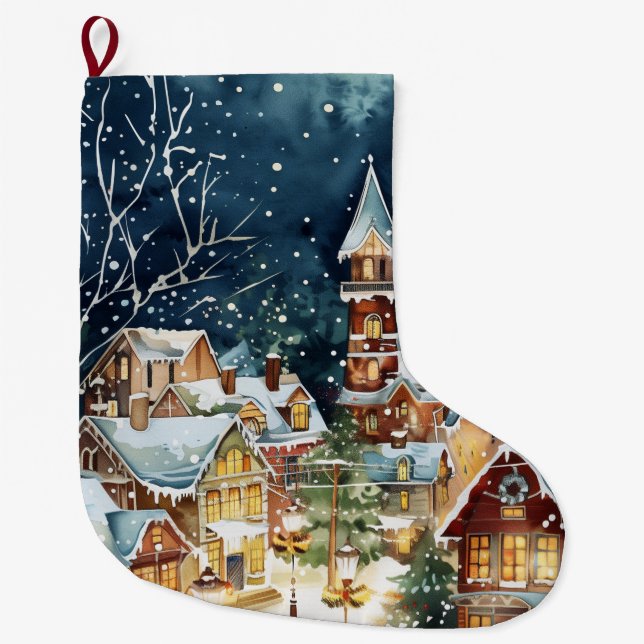 Grande Chaussette De Noël Ville de Noël illustrative dans la neige (Devant)