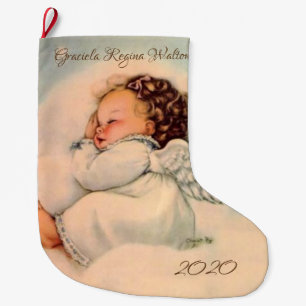 Grande Chaussette De Noël Vintage Ange de bébé religieux qui dort