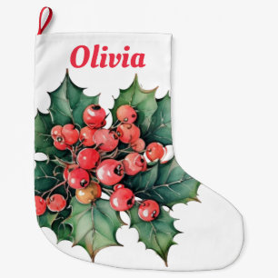 Grande Chaussette De Noël Vintage aquarelle sainte baies feuilles