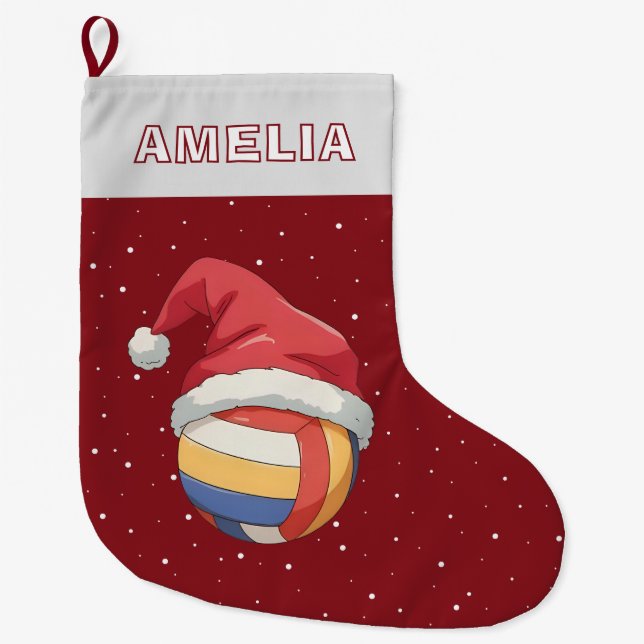 Grande Chaussette De Noël Volleyball Ball Red Santa Hat Name (Devant)