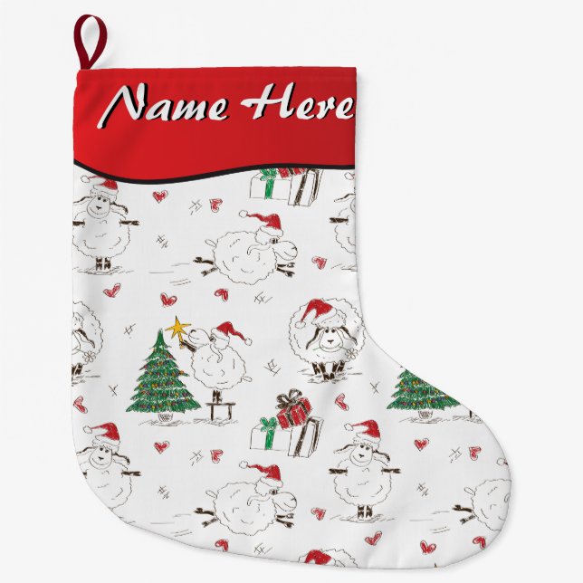 Grande Chaussette De Noël VOTRE NOM ICI - Mignons moutons de Noël (Devant)
