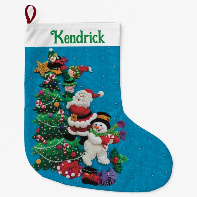 Grande Chaussette De Noël Votre nom Personnalisez Fun Père Noël Snowman Blue (Devant)