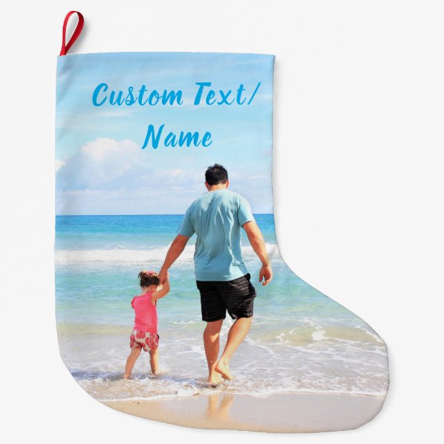 Grande Chaussette De Noël Votre photo Noël Stocker Nom du texte personnalisé (Devant)