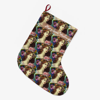 Grande Chaussette De Noël Wavy brown hair young lady flowers Believer custom