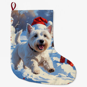 Grande Chaussette De Noël Westie courant dans la neige avec un chapeau de No