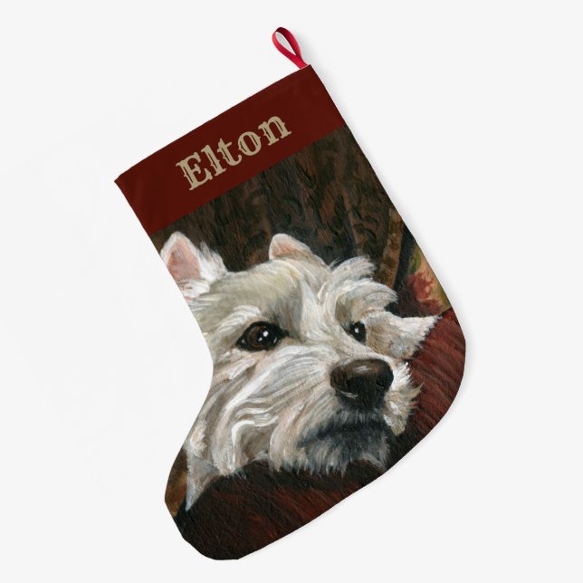 Grande Chaussette De Noël Westie sur canapé (Dos (Accrochage))