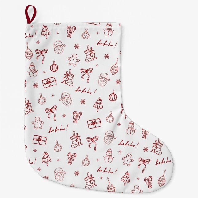 Grande Chaussette De Noël Whimsical Hand Drawn Doodle Red (Devant)