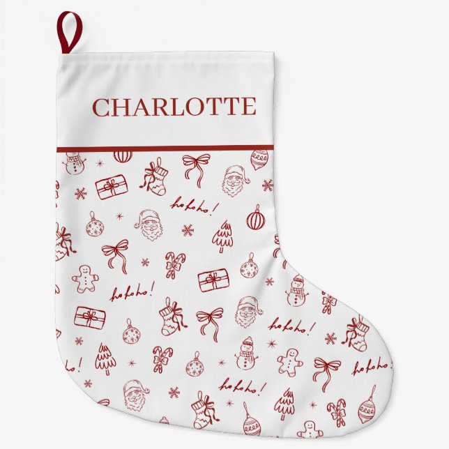 Grande Chaussette De Noël Whimsical Hand Drawn Doodle Red (Devant)