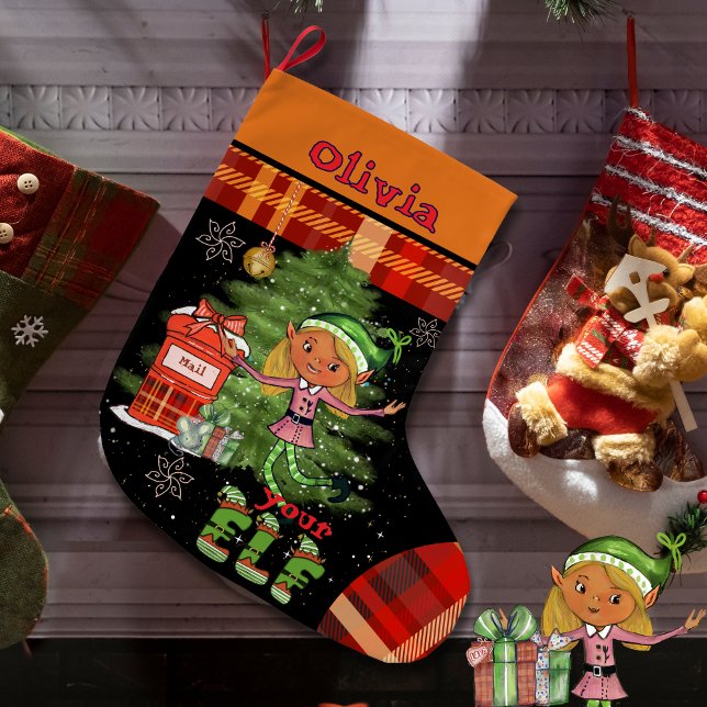 Grande Chaussette De Noël Whimsical Little Elf Girl Kids Christmas Stocking  (Whimsical Little Elf Girl Kids Christmas Stocking )