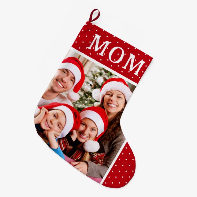 Grande Chaussette De Noël White Polka Dot Famille De Neige Photo Maman (Devant (Accrochage))