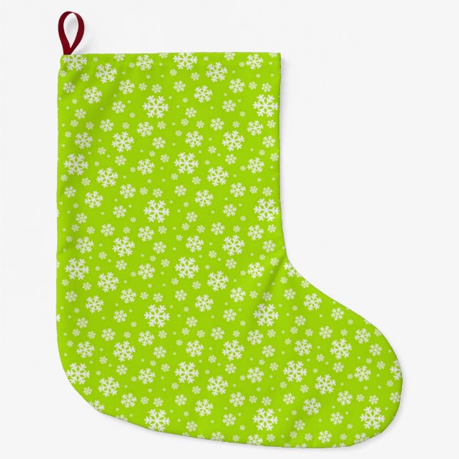 Grande Chaussette De Noël White Snowflakes on Green Winter Pattern (Devant)