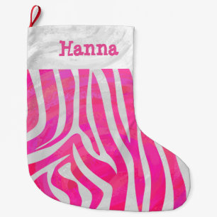 Grande Chaussette De Noël Zebra Hot rose et blanc