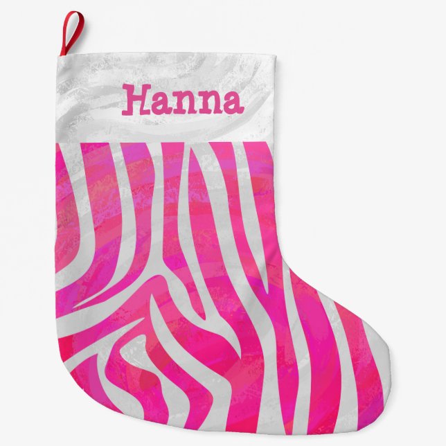 Grande Chaussette De Noël Zebra Hot rose et blanc (Devant)