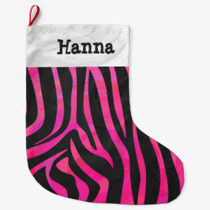 Grande Chaussette De Noël Zebra noir et rose chaud