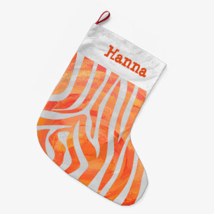 Grande Chaussette De Noël Zebra Orange et blanc et nom