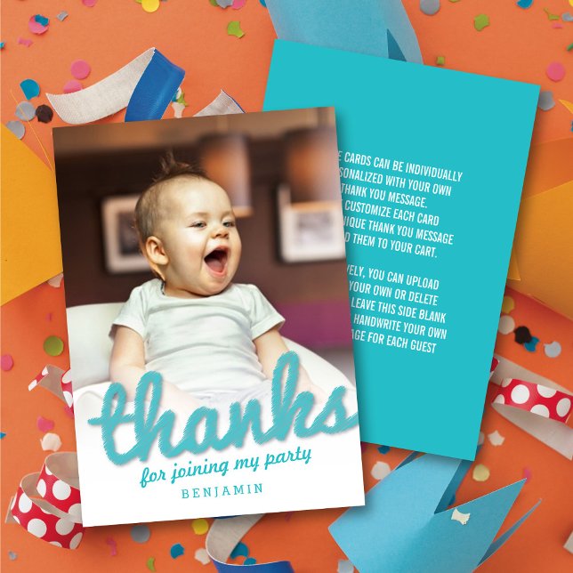 Grande esquisse Merci Bold Script Enfant Anniversa (Big Sketch Blue 'Thanks' Bold Script Kid's Birthday Photo Thank You Note Card @zazzle.com/fat_fa_tin)