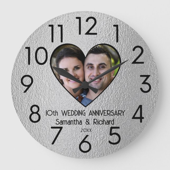 Grande Horloge Ronde 10e anniversaire du Mariage Tin Couple Nom Photo (Recto)