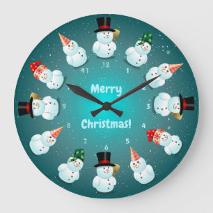 Grande Horloge Ronde 12 bonhommes de neige frais célébrant Noël