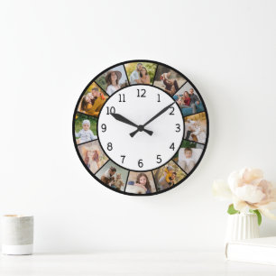 Grande Horloge Ronde 12 Collage de photos Famille & Amis Noir & Blanc