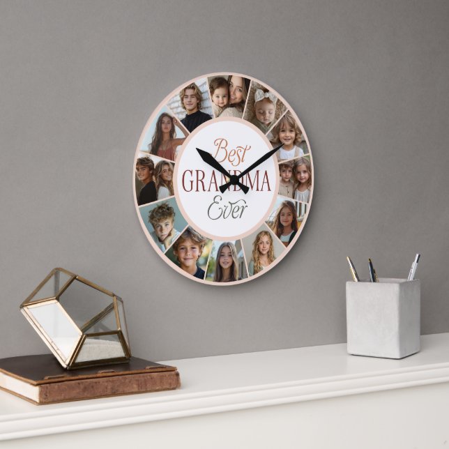 Grande Horloge Ronde 12 Photo Collage Best Grandma Ever Large Clock (Bureau)