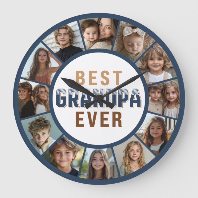 Grande Horloge Ronde 12 Photo Collage Best Grandpa Ever Large Clock (Recto)