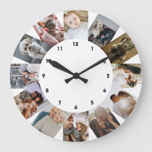 Grande Horloge Ronde 12 Photo Collage Personalized Black White